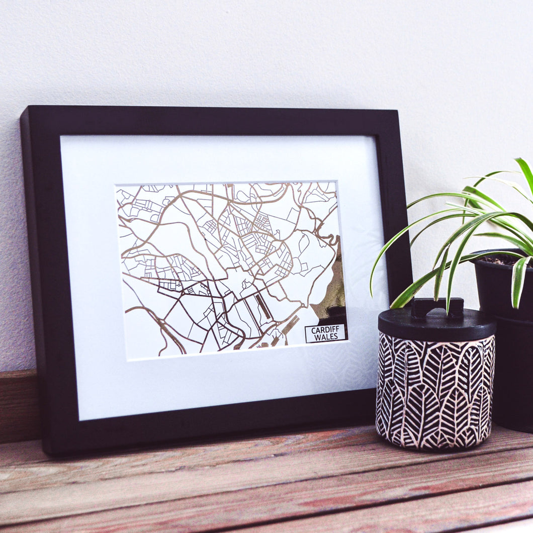 Map of Cardiff Wales | Rose Gold Foil Map Art | Travel Gift Ideas | Cardiff City Map | Map Wall Art | Cardiff Map | Wales Map | Wales Foil City Maps